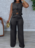 Round Neck Casual Sleeveless Sexy Top Slim Fit Trousers Two-Piece Set