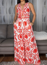 Women'S Sleeveless Lace-Up Top Printed Jumpsuit