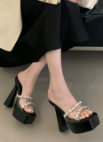 Super High Heel Waterproof Platform Square Toe Transparent Rhinestone One-piece Sandals
