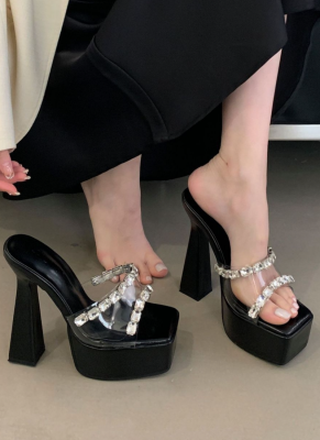 Super High Heel Waterproof Platform Square Toe Transparent Rhinestone One-piece Sandals
