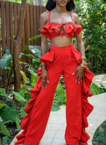 Solid Color Exposed Chest and Waist Ruffled High Waist Wide Leg Pants Suit