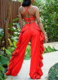 Solid Color Exposed Chest and Waist Ruffled High Waist Wide Leg Pants Suit