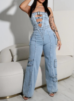 Fashionable Hot Girl Tube Top Multi-pocket Workwear Denim Jumpsuit