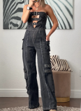 Fashionable Hot Girl Tube Top Multi-pocket Workwear Denim Jumpsuit