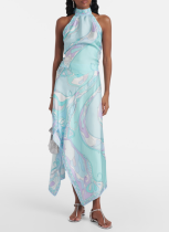 New Printed Satin Halter Top Irregular Skirt Two-Piece Set