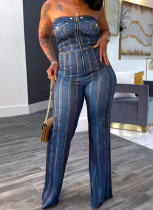 Faux Denim Printed Sleeveless Bandeau Stretch Hip-hugging Wide-leg Jumpsuit