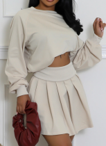 New Casual Long Sleeve Top Pleated Mini Skirt Two-Piece Suit For Women