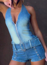 Sky Blue Halter Neck Lace-Up Stretch Denim Jumpsuit Shorts