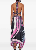 New Printed Satin Halter Top Irregular Skirt Two-Piece Set