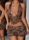 Sexy Halter Neck Backless Leopard Print Vest Low Waist Skirt Suit