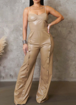 PU Suspenders Sleeveless Wide-Leg Jumpsuit For Women