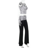 Casual Leopard Print Patchwork Vest Navel-baring Split Sports Suit