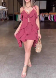 Fashionable Temperament Ruffled Sleeveless Suspender Shorts Two-piece Suit