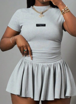 Summer New Fashion Gray Round Neck Top Pleated Skirt Two-Piece Suit For Women