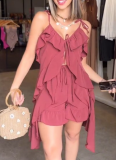 Fashionable Temperament Ruffled Sleeveless Suspender Shorts Two-piece Suit
