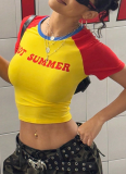 Letter Print Contrast Color Short Slim Fit Crew Neck T-Shirt