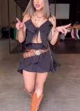 Fashionable Temperament Ruffled Sleeveless Suspender Shorts Two-piece Suit