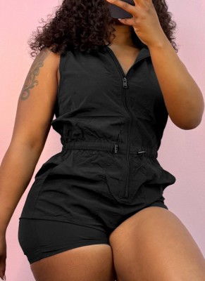 Women'S Zippered Sleeveless Drawstring Pocket Hooded Jumpsuit