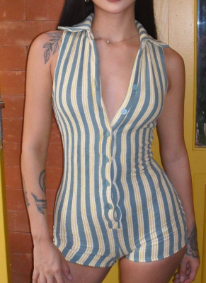 Casual Lapel Button-Down Slim Sleeveless Striped Contrast Color Jumpsuit