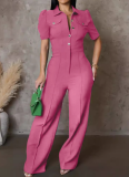 Women'S Personalized Lapel Single-Breasted Short-Sleeved Casual Jumpsuit