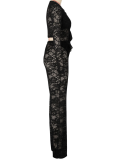 Sexy Lace Flocking See-Through Two-Piece Suit For Nightclub Party