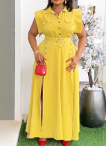 Elegant Solid Color Lapel Sleeveless Top Slit Long Skirt Two-Piece Suit For Women