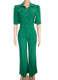 Women'S Personalized Lapel Single-Breasted Short-Sleeved Casual Jumpsuit