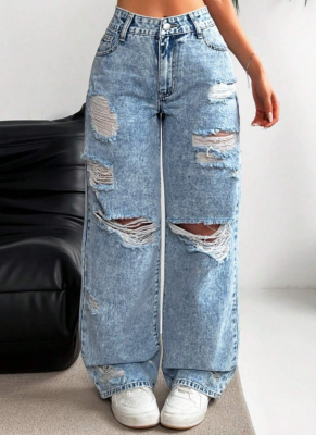 Ripped Washed High Waist Straight-Leg Denim Trousers