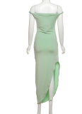 Green Fashion Sexy Backless Pleated Slit Slim Dress For Women