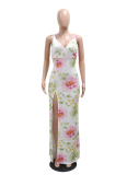Sexy Suspender V-Neck High Slit Sequined Print Dress For Women