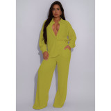 Elastic Wrinkled Lapel Shirt With Multi-Pocket Wide-Leg Pants Two-Piece Suit