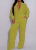 Elastic Wrinkled Lapel Shirt With Multi-Pocket Wide-Leg Pants Two-Piece Suit