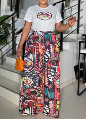 Fashion Printed Round Neck Top Loose Comfortable Trousers Two-Piece Suit For Women