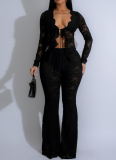 Sexy Lace Flocking See-Through Two-Piece Suit For Nightclub Party