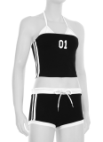 Digital Print Halter Vest Striped Contrast Shorts Sports Two-Piece Set