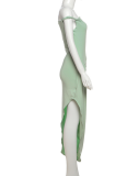Green Fashion Sexy Backless Pleated Slit Slim Dress For Women