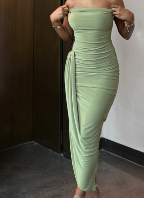 Green Fashion Sexy Backless Pleated Slit Slim Dress For Women