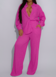 Elastic Wrinkled Lapel Shirt With Multi-Pocket Wide-Leg Pants Two-Piece Suit
