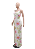 Sexy Suspender V-Neck High Slit Sequined Print Dress For Women