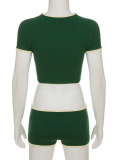 Round Neck Short-Sleeved Top Contrast Color Shorts Sports Casual Two-Piece Suit