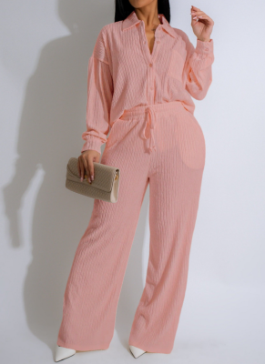 Elastic Wrinkled Lapel Shirt With Multi-Pocket Wide-Leg Pants Two-Piece Suit