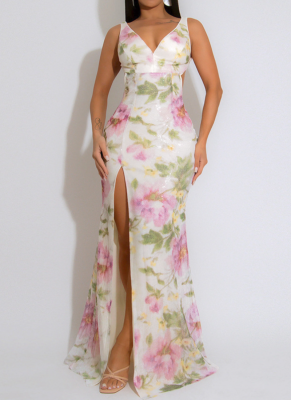 Sexy Suspender V-Neck High Slit Sequined Print Dress For Women
