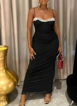Elegant Splicing Open Back Pleated Contrast Color Sling Hip Dress