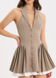 Women'S Halter Neck Sleeveless Double Layer Contrast Color Backless Dress