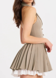 Women'S Halter Neck Sleeveless Double Layer Contrast Color Backless Dress