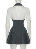 Women'S Halter Neck Sleeveless Double Layer Contrast Color Backless Dress