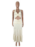 Sexy V-neck Ruffled Halter Neck Sling Twisted LongSkirt Two-piece Suit
