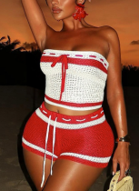 Sexy Woolen Drawstring Tube Top With Contrasting Striped Shorts Two-piece Set