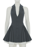 Women'S Halter Neck Sleeveless Double Layer Contrast Color Backless Dress