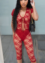Sexy Lace Hollow Lace Short-sleeved Top Tight Shorts Two-piece Set